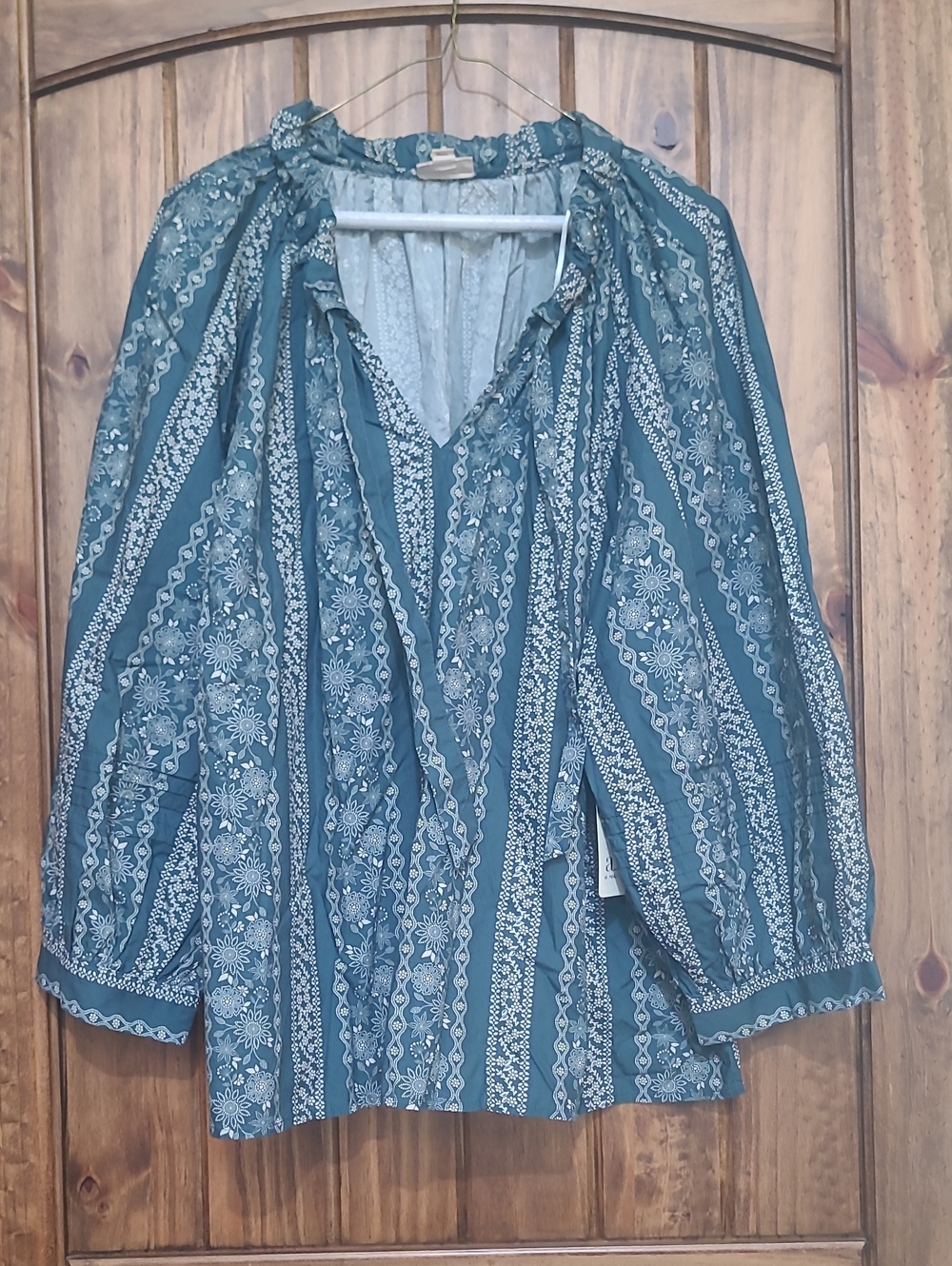 Women's Teal Patterned Peasant Blouse